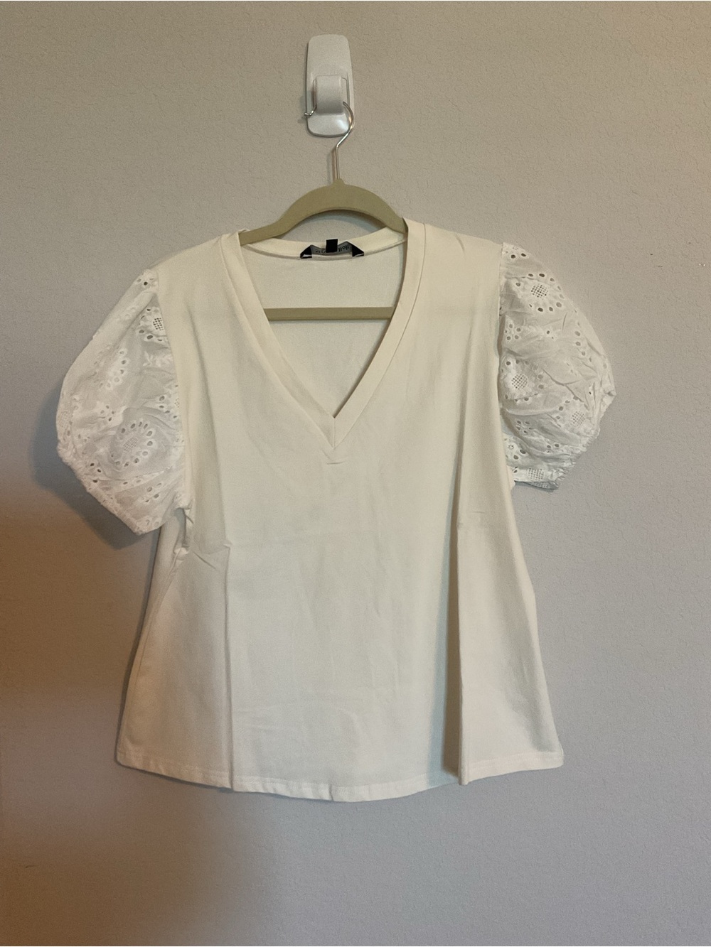 Women's White V-Neck Blouse with Eyelet Puff Sleeves